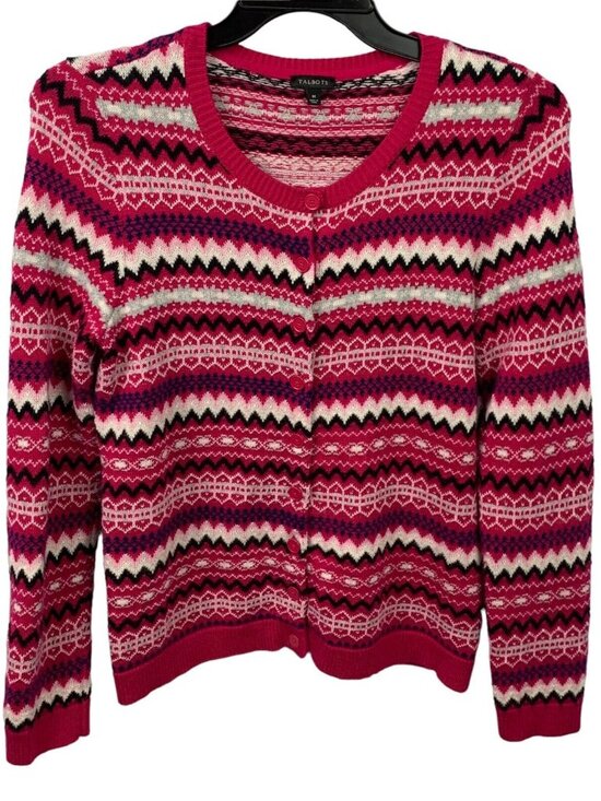 Talbots Sweaters - Talbots Womens Fair Isle Knit Cardigan Sweater Lambswool Blend Size Medium Pink